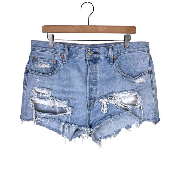 Levis 501 High Rise Light Wash Denim Distressed Cut Off Button Fly Jean Shorts - Picture 5 of 12
